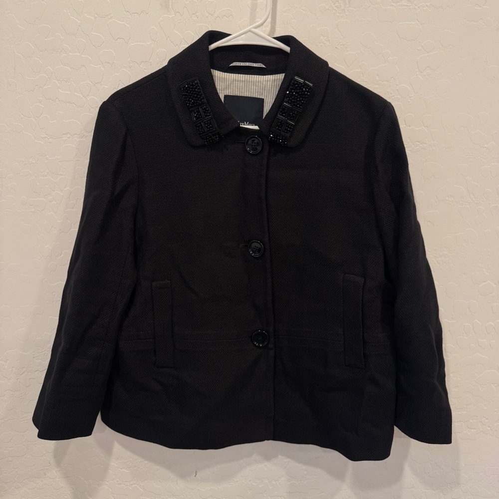 MaxMara Black Blazer Jacket Womens 8 Embellished Collar Linen Blend Knit Office